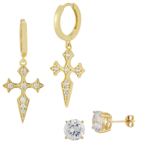 Sunkissed Sterling Sterling Silver Cubic Zirconia Cross Charm Huggie Earring Duo Set