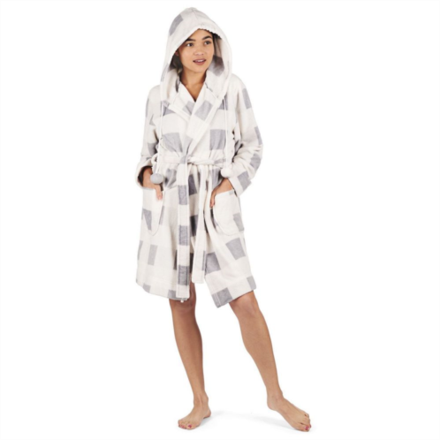 MeMoi Womens Plaid Plush Hooded Robe with Pom-Pom Drawstrings