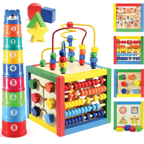 Play22 Wooden Activity Play Cube 6 in-1 for Baby with Bead Maze, Shape Sorter, Abacu, Sliding Shapes