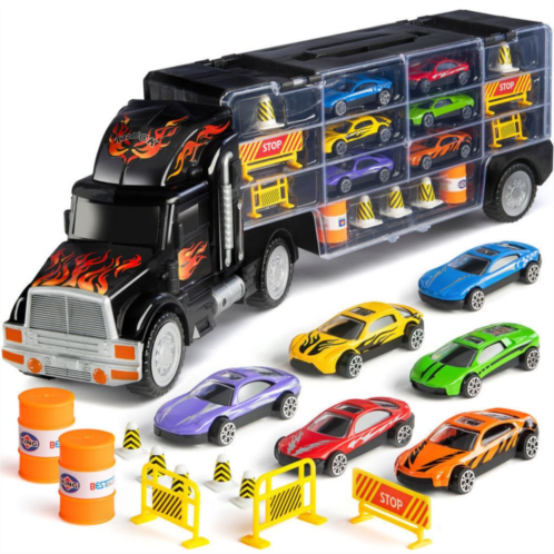 Play22 Toy Truck Transport Car Carrier Includes 6 Toy Cars and Accessories - Toy Trucks Fits 28 Toy Cars