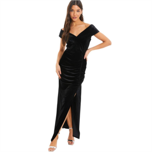Quiz Womens Velvet Bardot Ruched Maxi Dress