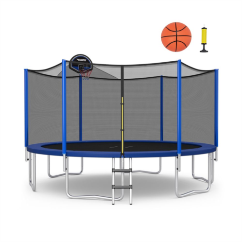 Slickblue 14 ft Outdoor Recreational Trampoline with Enclosure Net, basketball hoop, Basketball & Ball pump