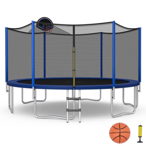 Slickblue 15 ft Outdoor Recreational Trampoline with Enclosure Net, basketball hoop, Basketball & Ball pump