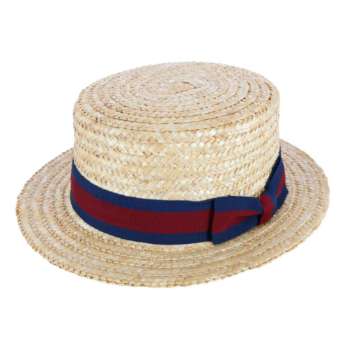Ctm Straw 2 Inch Brim Boater Hat With Navy Band And Elastic Sweatband