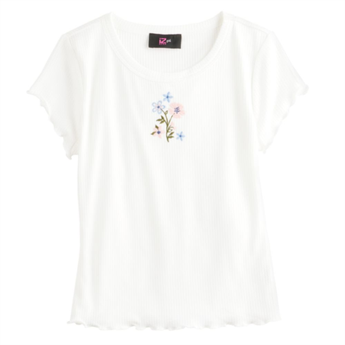 Girls 4-16 IZ Byer Short Sleeve Rib Floral Embroidery Baby Tee