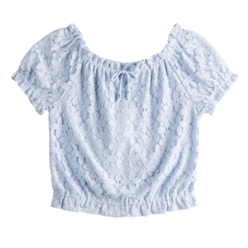 Girls 7-16 IZ Byer Short Sleeve Lace Peasant Top with Center Slit