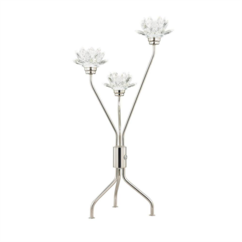 Benzara 28 Inch Table Lamp, 3 Crystal Flower Shade, Stem Base, Metal, Nickel