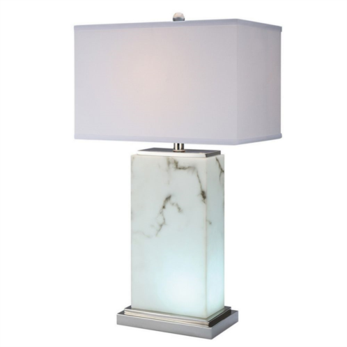 Benzara 29 Inch Table Lamp, White Marble Stand, Rectangular Shade, Metal Base