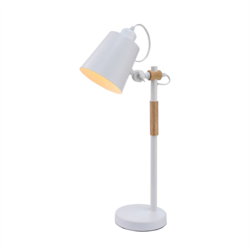 Benzara 23 Inch Table Lamp, Brown Wood Trim, Dome Metal Shade White, Round Base