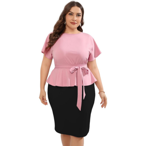 MISSKY Women Plus Size Bodycon Elegant Midi Dress Peplum Business Office Sheath Cocktail Dress With Belt