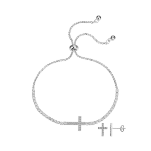 Gratitude & Grace Fine Silver Plated Cubic Zirconia Cross Adjustable Bracelet & Stud Earrings Set
