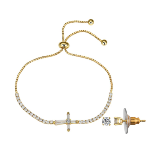 Gratitude & Grace Simulated Crystal Cross Bolo Bracelet & Cubic Zirconia Stud Earring Set