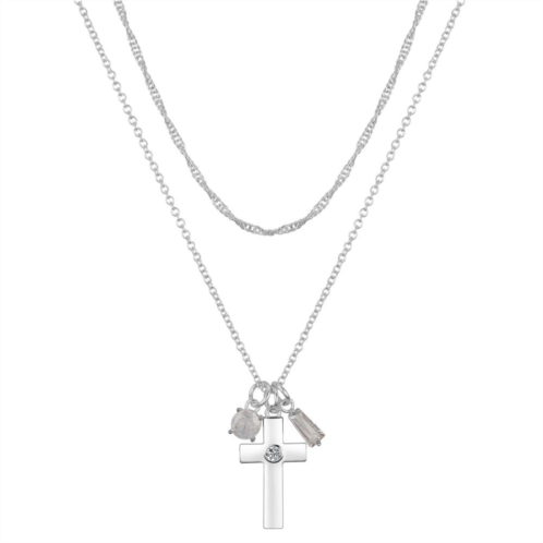 Gratitude & Grace Fine Silver Plated Cubic Zirconia Cross, Round Stone, & Baguette Charms Pendant Necklace & Chain Necklace Set