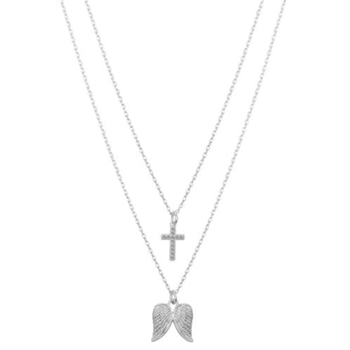 Gratitude & Grace Fine Silver Plated Cubic Zirconia Cross & Angel Wings Pendant Necklaces Set