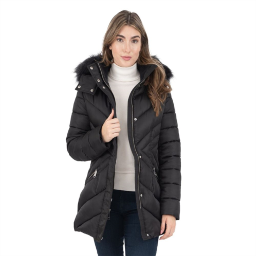 Womens Nine West Detachable Faux-Fur Hooded Short Quilted Puffer Coat