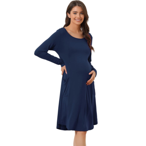 Cheibear Womens Maternity Dress With Pockets Casual Round Neck Long Sleeve Nightdress