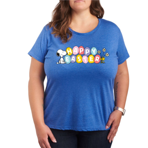 Licensed Character Plus Peanuts Snoppy & Woodstock Happy Easter Color Eggs Graphic Tee