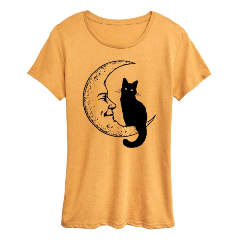Unbranded Womens Black Cat On Moon Graphic Tee