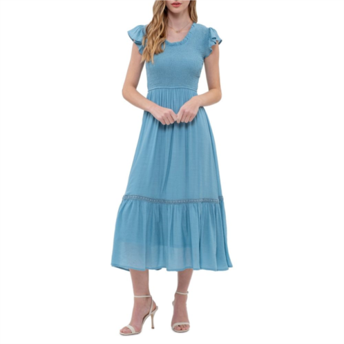 August Sky Womens Short Sleeve Smocked Midi Dress