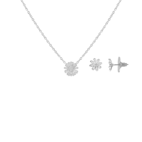 Emberly Silver Tone Cubic Zirconia Flower Stud Earrings & Necklace Set