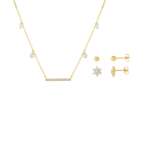 Brilliance 18k Gold Flash Plated Cubic Zirconia Stud Earrings and Bar Necklace 3-Piece Set