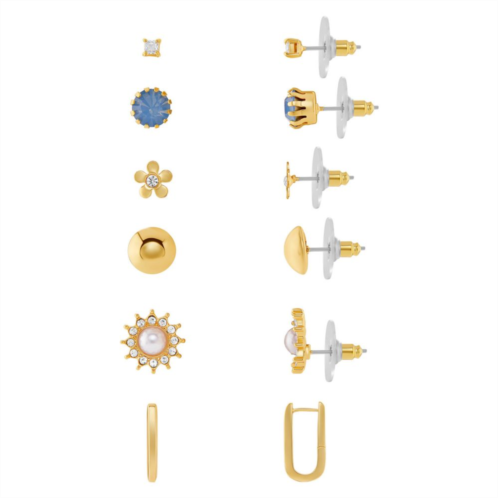 Emberly Gold Tone Crystal & Simulated Pearl Flower, Sun & Geometric Stud Earrings & Square Hoop Earrings 6-pack Set