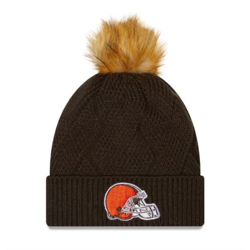 Womens New Era Brown Cleveland Browns Snowy Cuffed Knit Hat with Pom