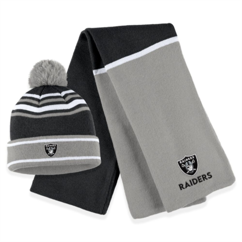 Womens WEAR by Erin Andrews Black Las Vegas Raiders Colorblock Cuffed Knit Hat with Pom and Scarf Set