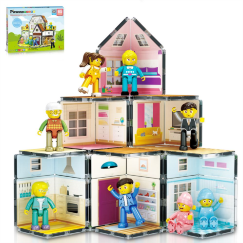 Picassotiles Family Homestead Doll House Double Sided Magnet Tiles Playset With 8 Character Action Figures PTQ06