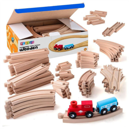 Play22 52 PCS Wooden Train Tracks Set + Toy Trains - Wooden Train Sets for Kids