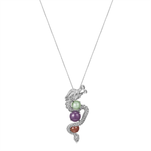 Dynasty Jade Rhodium-Plated Sterling Silver Multi-Color Jade & Garnet Bead Dragon Pendant Necklace
