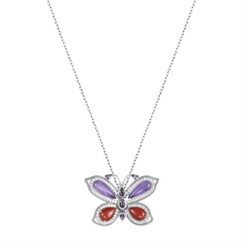 Dynasty Jade Rhodium-Plated Sterling Silver Dyed Purple & Red Jade Butterfly Pendant Necklace