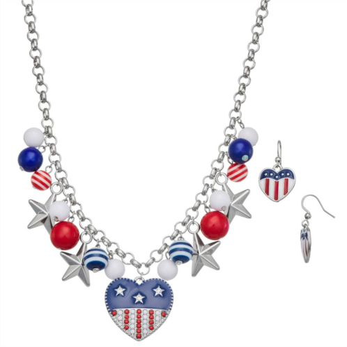 Celebrate Together Americana Silver Tone Multi Charms & Beads Collar Necklace & Drop Earrings Set