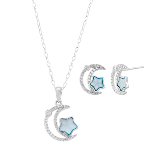 Unbranded Sterling Silver Cubic Zirconia & Mother-of-Pearl Moon & Star Pendant Necklace & Stud Earrings Set