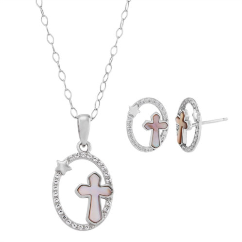 Unbranded Sterling Silver Cubic Zirconia & Mother of Pearl Cross Pendant Necklace & Stud Earrings Set