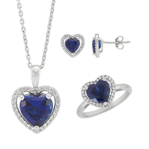 Unbranded Sterling Silver Lab-Created White Sapphire & Lab-Created Sapphire Heart Pendant Necklace, Stud Earrings, & Ring Set