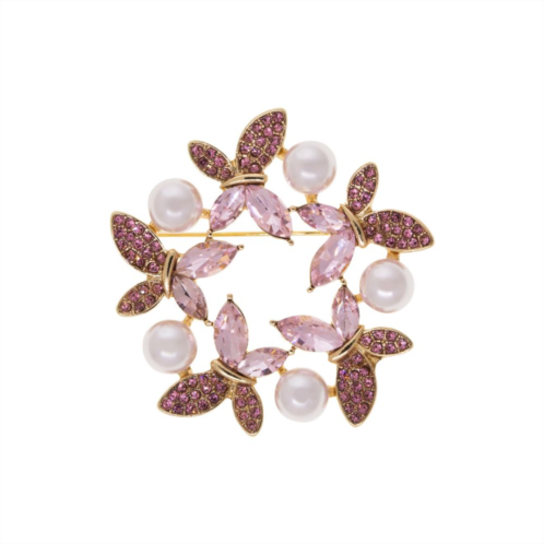 1928 Gold Tone Crystal & Simulated Pearl Round Butterfly Pin