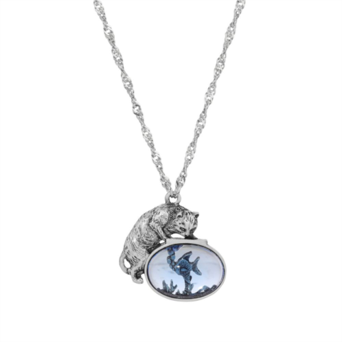 1928 Pewter Cat Blue Glass Stone Fishbowl Pendant Necklace