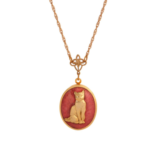 1928 14k Gold Tone Pink Enamel Oval Cat Locket Necklace