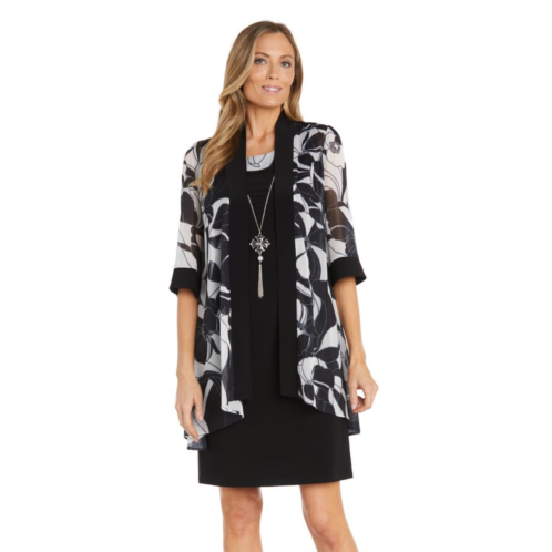Petite R&M Richards Abstract Floral Print Chiffon Cardigan Jacket & A-Line Swing Dress with Detachable Necklace