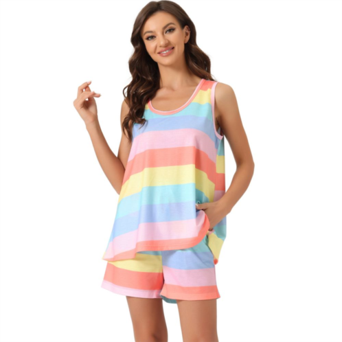 Cheibear Womens Lounge Outfits With Pockets Rainbow Tank Tops With Shorts Stripe Pajama Sets