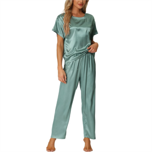 Cheibear Womens Satin Pajamas Summer Outfits Short Sleeves Tops With Pants Silky Lounge Sets
