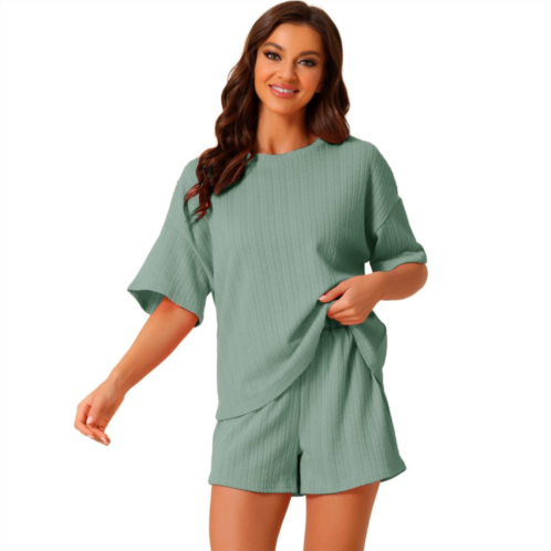 Cheibear Womens Lounge Outfits Casual Round Neck Shorts Sleeves Ribbed Tops With Shorts Pajama Sets