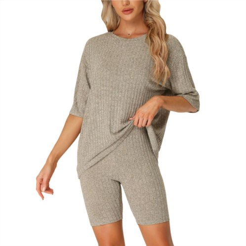 Cheibear Womens Ribbed Knit Soft Tracksuit Sweatshirt Set Shorts Loungewear Sleepwear
