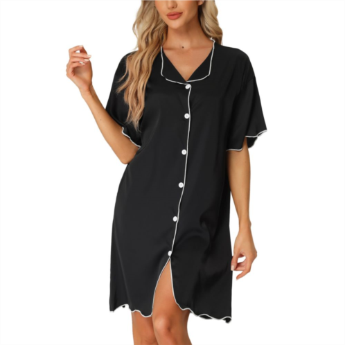 Cheibear Womens Nightshirt Satin Short Sleeve Sleepshirt Button Down Pajama Nightgown