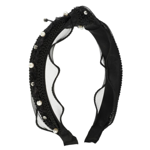 Unique Bargains Women Knotted Headbands Rhinestone Faux Pearl Beaded Knotted Headbands Black