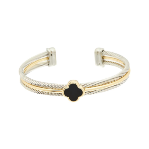 Juvell Two-Tone 18k Gold Plated Lab-Created Onyx Blossom Medallion Cuff Bracelet