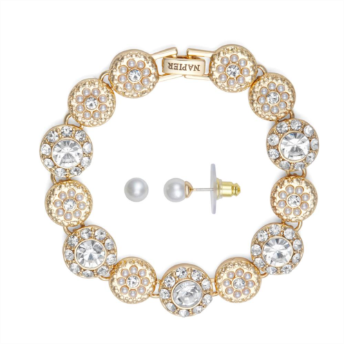 Napier Crystal Bracelet & Simulated Pearl Stud Earring Set