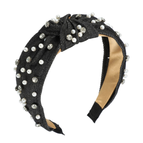 Unique Bargains Pearly Rhinestones Crystal Knotted Women Headband Classic Black 5.31x1.97