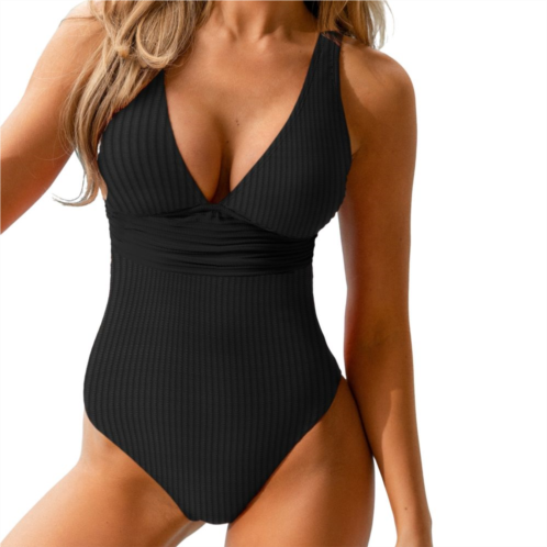 Womens CUPSHE Black Ribbed & Ruched One Piece Swimsuit
